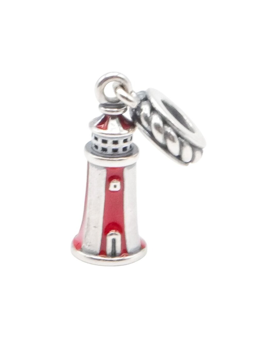 Pandora Retired Lighthouse Dangle Charm Sterling Silver Red Enamel Nautical Bead